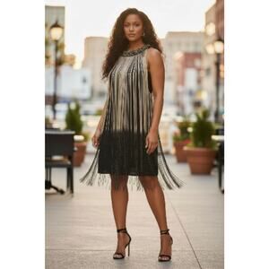 Marley & Chunky Fringe Cocktail Mini Dress Plus Sz 2X Black Ombre Holiday Party